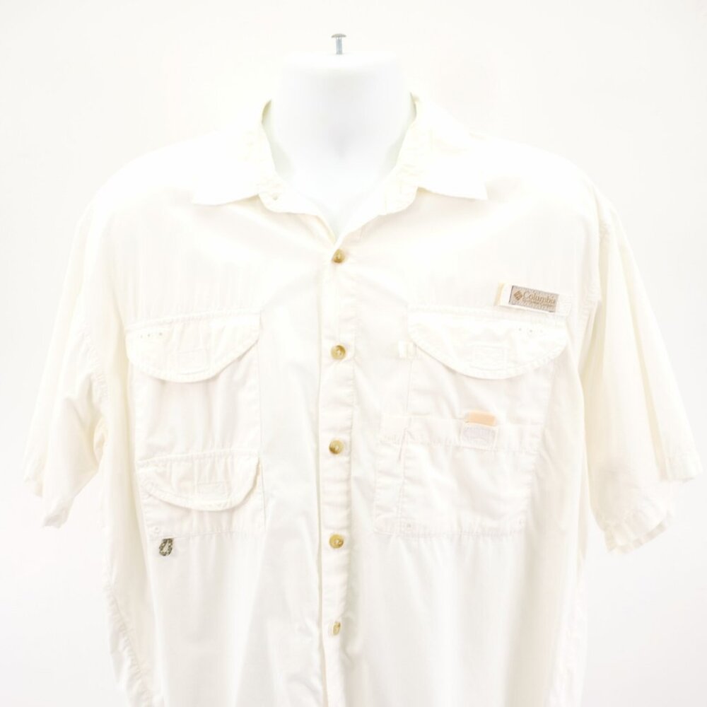 Columbia PFG Vented Fishing Shirt Cream Collared Button Front Large Short Sleeve